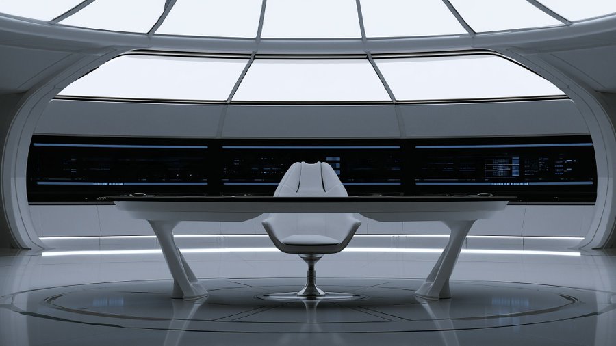A sleek, futuristic white spaceship or command center interior with a large oval window, a central command chair, and illuminated control panels along the walls.