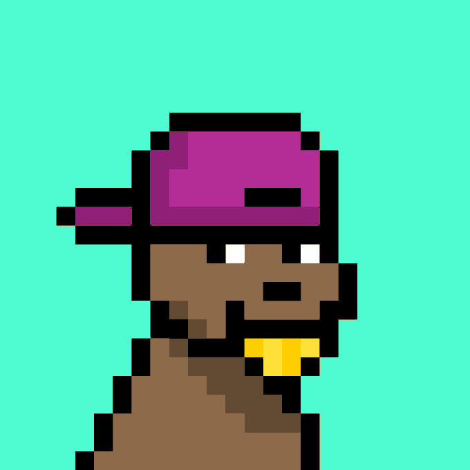Pixel art illustration of a brown dog character wearing a purple cap and a yellow collar, set against a solid teal background.