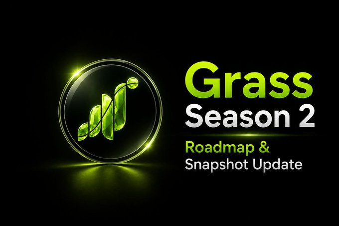 A promotional graphic featuring a glowing green circular logo with an upward-trending line graph icon on the left, alongside bold text reading "Grass Season 2: Roadmap & Snapshot Update" on a black background, visually announcing the upcoming Grass Season 2 update referenced in the post about the major announcement with 8 days remaining.
