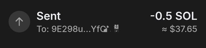 A crypto transaction confirmation showing 0.5 SOL (approximately $37.65) sent to a wallet address starting with "9E298u...YfG". The image supports the post by serving as proof of the SOL transfer referenced in the message.