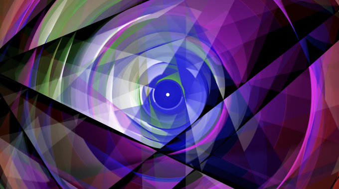 A vibrant, geometric abstract digital artwork featuring a hypnotic spiral composition with overlapping translucent triangular shapes in shades of purple, blue, green, and pink, resembling a stylized eye at its center. The piece exemplifies the generative art style of artist Lia on the Verse platform, capturing the intricate, mathematically-driven aesthetic characteristic of her work minted on Tezos.