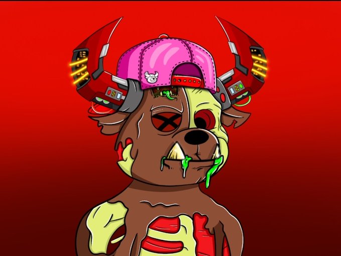 An animated illustration of a zombified dog character with green drool, an X over one eye, exposed ribs, and a pink cap with a teddy bear logo, flanked by red robotic/mechanical horns against a red gradient background.