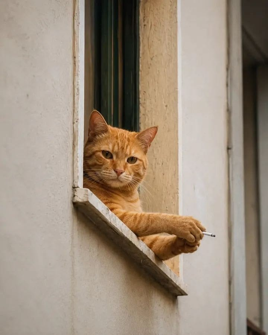 An orange cat sits in a window sill holding a cigarette, casting a nonchalant, unbothered gaze — much like the poster who, despite the uncertainty of finding the next Solana-like 10x, is just casually leaning into the window waiting for the next big opportunity to come to them.