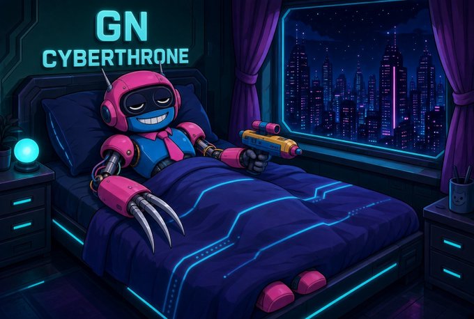 A neon-colored digital illustration of a pink and blue robot with claws resting in a futuristic bed labeled 'GN CYBERTHRONE', set against a backdrop of a glowing cyberpunk city.