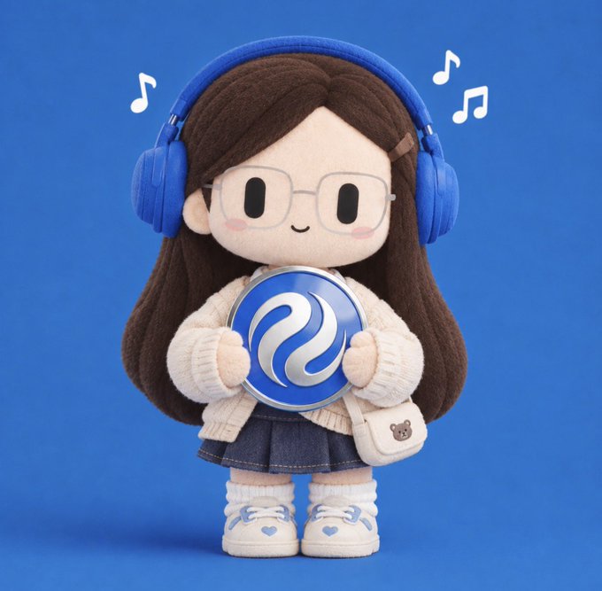 A cute plush toy figure of a girl with glasses, blue headphones, and a cream sweater holding a blue circular token, set against a blue background with musical notes.
