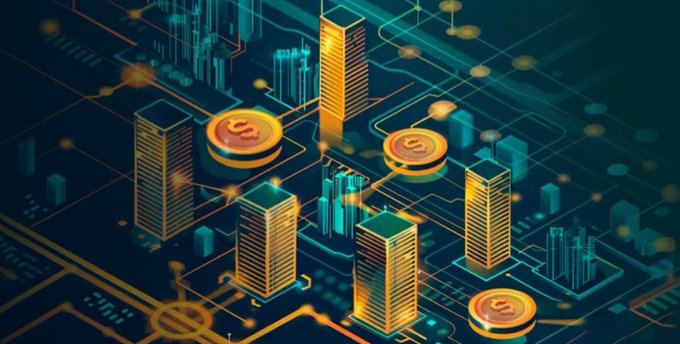 A stylized digital illustration shows stacks of gold coins and dollar-marked tokens rising like skyscrapers from a glowing teal circuit board, symbolizing the intersection of finance and technology. The imagery visually reinforces the post's message about Xeffy.io bridging institutional-grade yield tools with accessible, on-chain DeFi infrastructure.