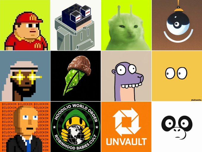 A 4x4 grid of various internet meme characters and NFT art, including pixel art figures, a yin-yang icon, simple cartoon eyes, a 'HOODLIO WORLD ORDER' logo, and 'UNVAULT' branding.