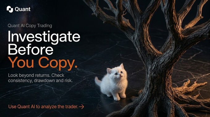Advertisement for "Quant AI Copy Trading" with the slogan "Investigate Before You Copy." alongside a small white kitten in a dark surreal landscape with a tree.