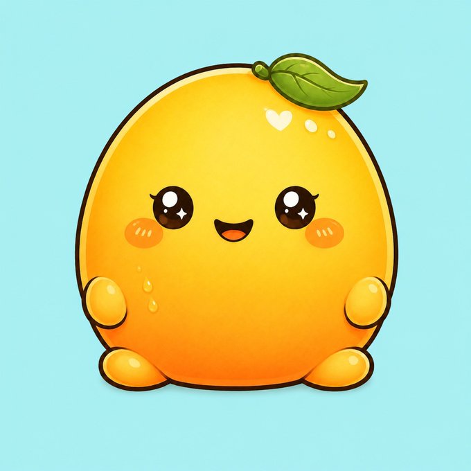 A cute, anthropomorphic yellow mango character with big sparkling eyes, rosy cheeks, a cheerful smile, and a green leaf on its head, set against a light blue background—perfectly illustrating "Mango Mochi" from the Mochi & Friends NFT collection being promoted in the post.