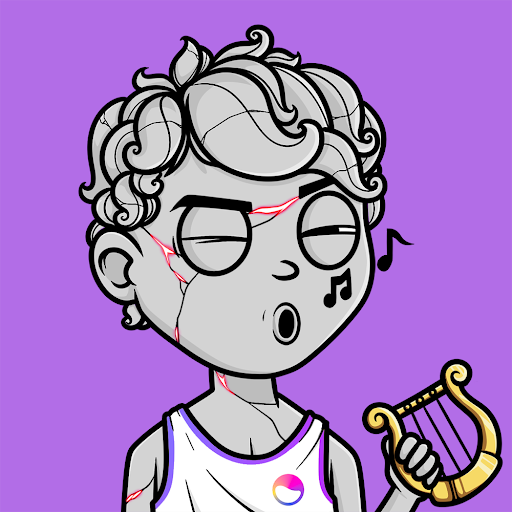 A cartoon character with gray, cracked stone-like skin and curly hair sings while holding a golden lyre against a purple background, with music notes floating nearby.
