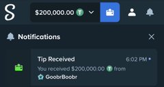 A screenshot of a notifications panel shows a $200,000.00 tip received from GoobrBoobr, which the poster references as a loan repayment from @Jelitics—though the celebration is short-lived, as the user explains the funds couldn't offset their gambling losses, leaving them at -$3.4M and a net worth of $0.