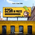 A billboard reads "Frank TDank 6ifa" and "$25k IN PRIZES" with a cartoon banana character, alongside the BananaGun logo on a building, illustrating the $25k prizes promotion referenced in the post about copy-trading a Polymarket bot using BananaGun's wallet.
