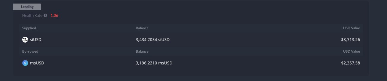 A DeFi "Lending" dashboard showing a Health Rate of 1.06, with supplied collateral of 3,434.2034 siUSD ($3,713.26) and a borrowed balance of 3,196.2210 msUSD ($2,357.58).