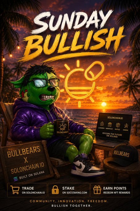 A vibrant promotional poster featuring a green bulldog character in sunglasses and a purple hoodie relaxing at sunset on a tropical beach, with "Sunday Bullish" displayed prominently above a glowing lightbulb logo. The poster advertises "Bull Bears x SolOnchain.io" built on Solana, highlighting features like governance, marketplace, P2P swap, and staking, with text emphasizing community, innovation, and freedom—perfectly complementing the accompanying post's message of gratitude and continued growth.
