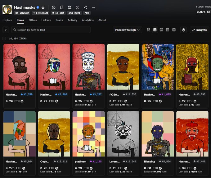 A screenshot of the Hashmasks NFT collection on OpenSea, displaying 10,304 items with individual portraits priced around 0.20-0.30 ETH each, illustrating the 2021 generative art project's marketplace on the Ethereum blockchain.