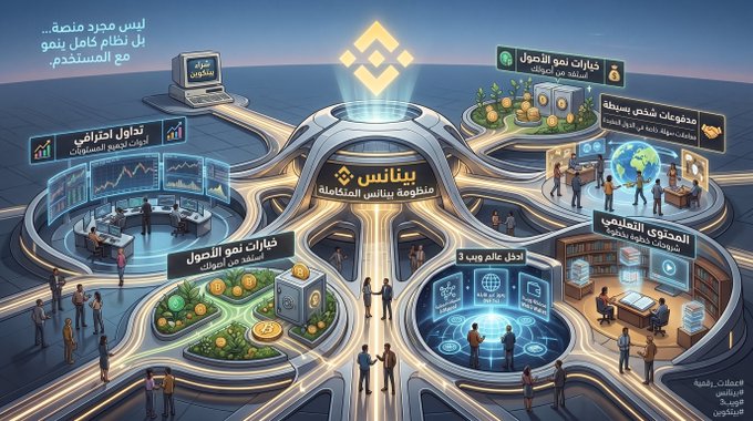 A futuristic Binance platform hub illustration highlights the exchange's expanded ecosystem beyond simple trading, featuring labeled zones like "توليد اشتراكي" (Subscription Generation), "خدمات شركة سيركل" (Circle Company Services), "الأحداث المالية" (Financial Events), and "أدوات علمية" (Scientific Tools), reflecting the post's message about Binance evolving from a basic buy-and-sell app into a comprehensive world of diverse trading options and investment opportunities.