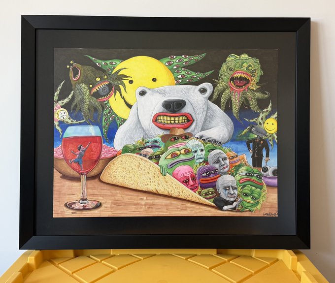 A framed surrealist painting depicting a polar bear with an oversized red mouth, a taco, a wine glass, and various fantastical creatures and faces, resting on a yellow surface.