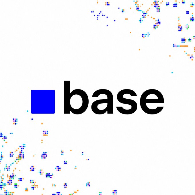 A logo for "base" with a blue square next to black text on a white background, decorated with pixelated blue, orange, and teal accents in the corners.
