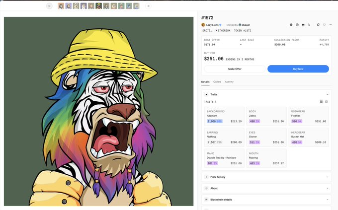 An NFT marketplace listing (#1572) for a 'Lazy Lions' digital artwork featuring a roaring lion with a rainbow mane wearing a yellow bucket hat, priced at 0.251.00 ETH.