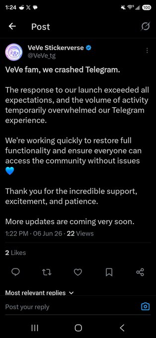 The image shows a screenshot of an old Twitter post from @veveOfficial and @elmonxOfficial. It appears as though these two users are discussing an issue or event related to the "@veve_official" account, which is not public yet. A conversation has already taken place on this thread, with various responses being shared in the comments section. The main post states: "The response to our launch exceeded all expectations! Our functionality and value for the community without issues." This information can be found at the bottom of the screenshot, indicating that it was a response to the "@veve_official" account.