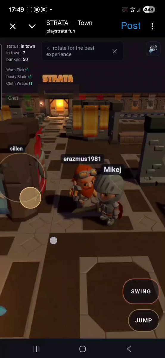The image displays a video game screen, where two characters are actively engaged with each other in an exciting gameplay situation. The text in the screenshot reads "$STRATA a play 2 earn 3D multiplayer extraction game on solana (BETA) ONE MORE FLOOR! Build on #solana @play_strata When games become fun again". 

The main characters, two boys wearing glasses and a girl with red hair, are located in the center of the screen. They appear to be enjoying their time together as they interact with each other within the game world. The image is accompanied by an update message that states they have reached level 2, which suggests that they have spent some time playing the game already.