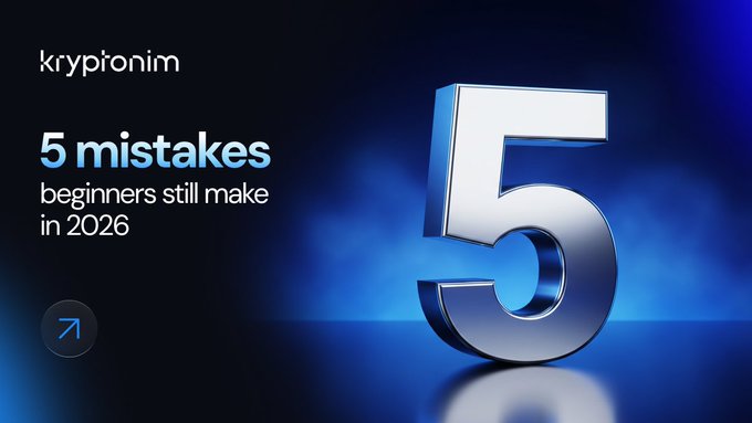 A sleek dark blue graphic from "krypionim" displays the text "5 mistakes beginners still make in 2026" alongside a large, metallic 3D number "5," visually reinforcing the accompanying post's warning about common pitfalls new crypto investors face.