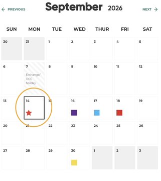 A September 2026 monthly calendar is shown with September 14 circled in orange and marked with a red star, noted as 'Exchange OCC holiday' on September 7, along with various colored markers on other dates.