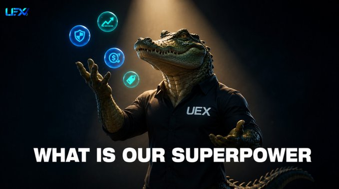 A promotional image of an alligator in a black shirt labeled 'UEX' juggling floating crypto icons, with the text 'WHAT IS OUR SUPERPOWER'.