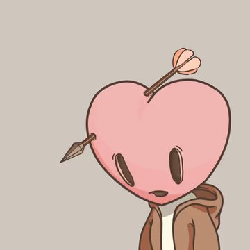A cute illustration of a character with a pink heart-shaped head pierced by an arrow, displaying a sad expression and wearing a brown jacket on a beige background.