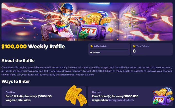 A promotional banner for Roobet's "$100,000 Weekly Raffle," featuring an anime-style character kicking through a wall with a slot machine, alongside ticket-earning details: 1 ticket per $1000 wagered site-wide or 2 tickets per $1000 on Sunnydaze Asylum, with the raffle ending in 6 days, 5 hours, and 18 minutes.