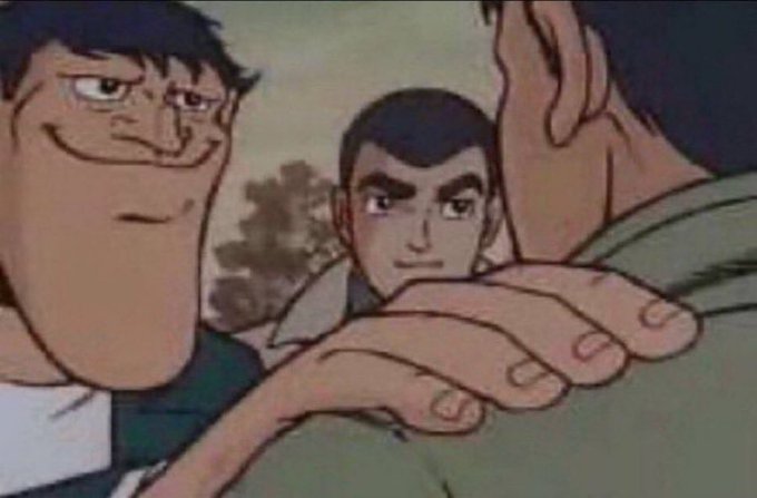 A scene from an old anime showing two characters observing someone with large, detailed hands visible in the foreground.
