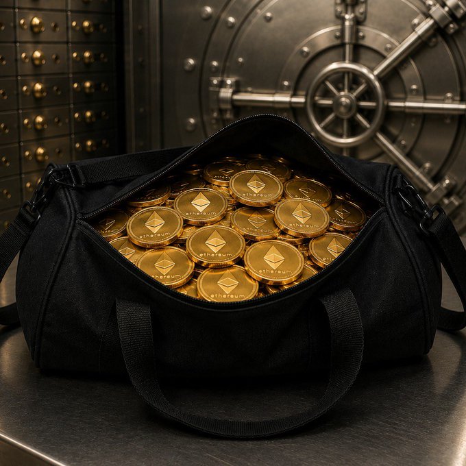 This image features a small black bag containing a large quantity of gold coins with 'ETH' written on them. The bag appears to be from a bank or safe, as suggested by its design. A lock is visible on one side of the image, further indicating that this bag contains something valuable and secure. The background also includes some sort of metal structure resembling an old safe. The context of the image seems to revolve around cryptocurrency and money storage solutions, possibly promoting a new form of currency or emphasizing the importance of securing one's assets.