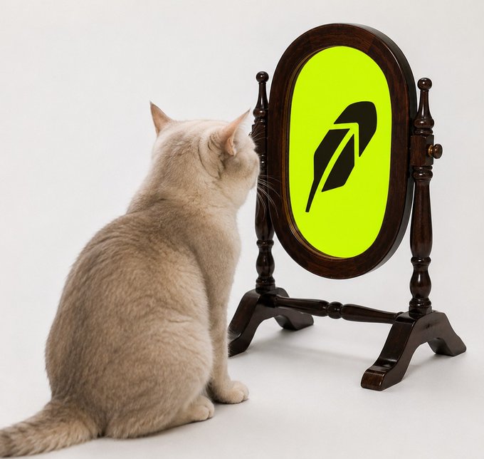 A cream-colored cat sits gazing into an antique wooden mirror that displays a quill pen logo on a bright yellow-green background, visually capturing the irony of a "random cat memecoin" gaining massive market attention despite serious infrastructure efforts going unnoticed.