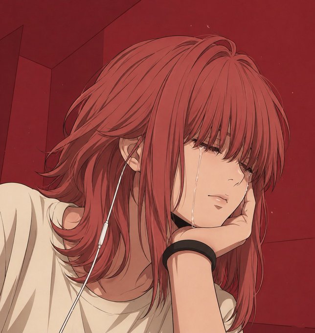 An anime-style illustration of a girl with red hair crying while listening to music through earphones, set against a dark red background.