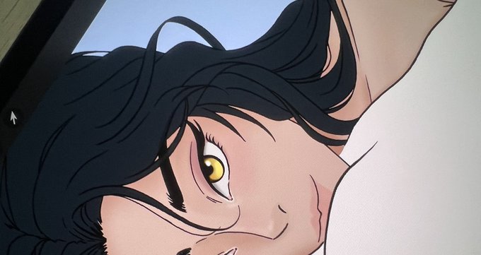 A close-up anime-style illustration of a character with dark hair and a striking yellow eye, viewed from an unusual angle.