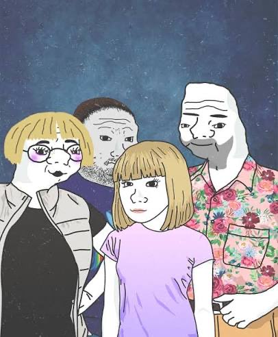 A crudely drawn, meme-style illustration of four characters including a blonde woman with glasses, a child with a bob haircut, and two other figures against a dark blue background.