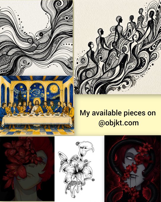 A collage showcasing various art pieces including abstract swirls, figures, The Last Supper, and portraits, with text reading 'My available pieces on @objkt.com'.