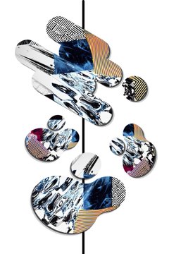 An abstract metallic sculpture composed of multiple reflective, irregular mirror-like discs suspended on a thin vertical rod against a white background.