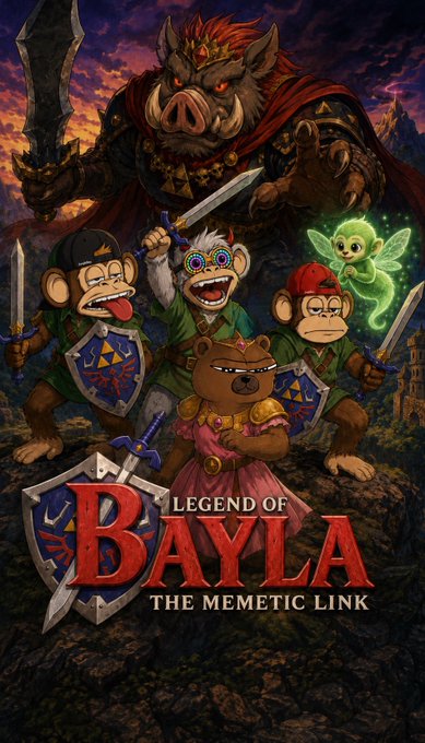The image is promotional artwork for "Legend of Bayla: The Memetic Link," featuring an anime-style goblin king looming over a group of cartoon monkeys in armor and a small green fairy, with a teddy bear wearing a pink dress and crown at the center holding a sword. This corresponds to the post referencing $BAYLA, with the bear in the pink gown being the "Bobo in a dress" the user jokingly highlights.