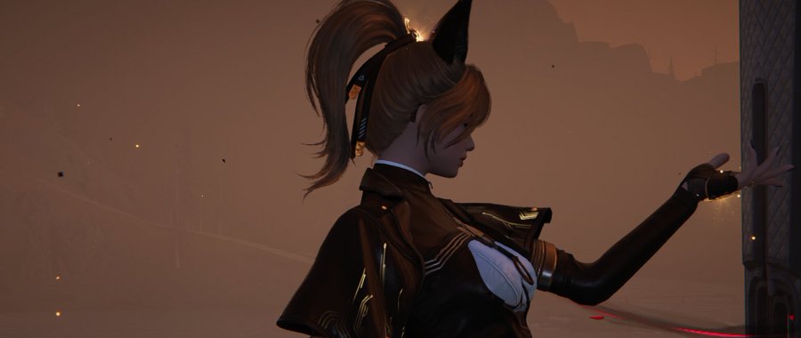 A 3D rendered scene of a character with a high ponytail and cat ears, wearing dark armor and reaching out toward a wall in a hazy environment.