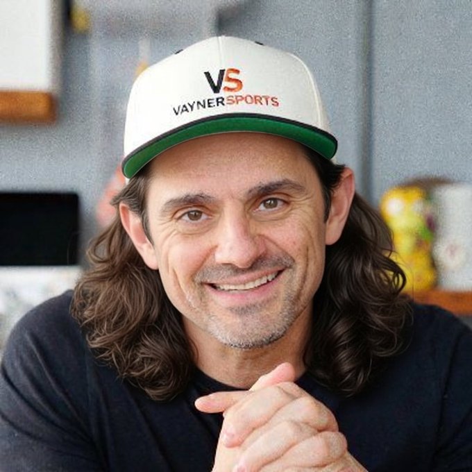 The image features a man with long hair wearing a white baseball cap that says "V Snyder Sports" on it, smiling at the camera while sitting down. The caption of the image reads "Fucking Gary Frikin Vee! @garyvee Sir You Have Been Mulletized". This post seems to be promoting a product or service related to mullets and possibly targeting men who are interested in body art and grooming.