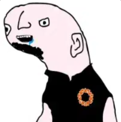 A crude cartoon drawing of a pale bald figure with blue liquid dripping from its mouth, wearing a black shirt with an orange circular logo.