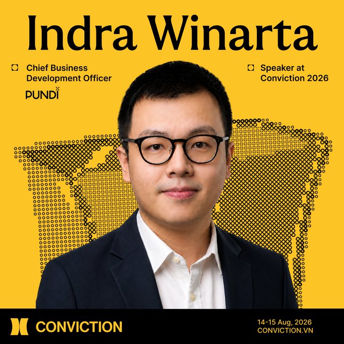 Speaker announcement card for 'Indra Winarta', Chief Business Development Officer at Pundi X, set to speak at Conviction 2026 on 14-15 Aug, 2026, featuring his professional headshot on a yellow background with the Conviction logo.