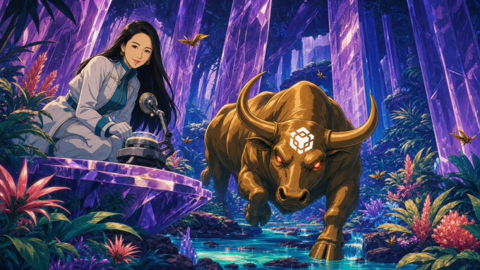 The image depicts a fantasy scene with a golden bull charging through a vibrant purple crystalline forest, while a woman in white interacts with a glowing device; prominently, the bull bears the Binance logo on its forehead, symbolizing strength and bullish momentum tied to BNB. The accompanying post celebrating holding BNB and life being "awesome from now on" directly reflects the bullish, prosperous imagery of the golden Binance bull.