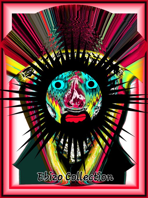 Vibrant, psychedelic digital art from 'Ebizo Collection' featuring an abstract face with bright colors, jagged patterns, and radiating black spikes against a pink-bordered frame.