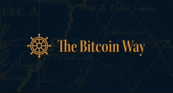 The image displays the logo and name "The Bitcoin Way" in gold lettering on a dark background featuring an old-style map. It serves as branding for the Bitcoin education and self-custody services promoted in the accompanying post by Simply SatoSHE.
