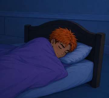 An anime illustration of a young boy with orange hair sleeping peacefully in a bed with purple blankets in a dimly lit room.