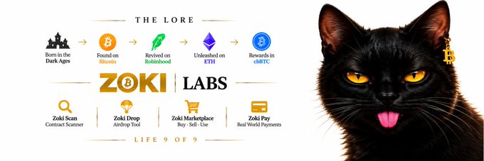The image showcases a promotional banner for the Robinhood token $ZOKI, featuring "The Lore" with milestones (Born in the Dark Ages, Found on Bitcoin, Revived on Robinhood, Unleashed on ETH, Rewards in zMBTC), alongside ZOKI Labs' ecosystem (Zoki Scan, Zoki Drop, Zoki Marketplace, Zoki Pay) and a black cat mascot with its tongue out. The banner visually captures the "Life 9 of 9" Zoki NFT narrative, tying directly to the community member's contribution for $ZOKI on Moby.