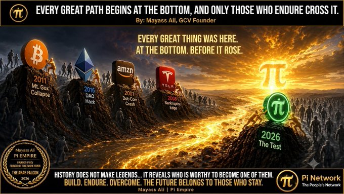 A Pi Network promotional graphic by Mayass Ali, founder of GCV, features a motivational scene of crowds climbing peaks labeled with past setbacks (2011 Mt. Gox Collapse, 2016 DAO Hack, 2001 Dot-Com Crash, 2008 Brokerage/Edge), leading toward a glowing Pi Network summit marked "2026 The Test," reinforcing the post's message that the Pi community persists through current challenges and endures with the arrival of new protocols and tools.