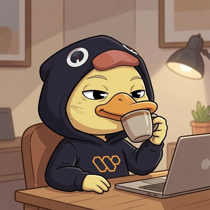 The image features a cartoon duck wearing a hoodie, sitting at a desk while holding a coffee cup. The duck appears to be drinking from the cup, possibly enjoying its morning coffee. In the background, there are two potted plants, one on each side of the desk. A laptop is also present in the scene, suggesting that the duck might be working or browsing the internet during this time. The image seems to be related to a post about waking up early and being productive, as it features a cartoon character who embodies the concept of an early bird.